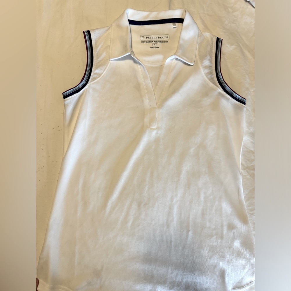 Pebble Beach golf polo. White with navy and purple trim. Small